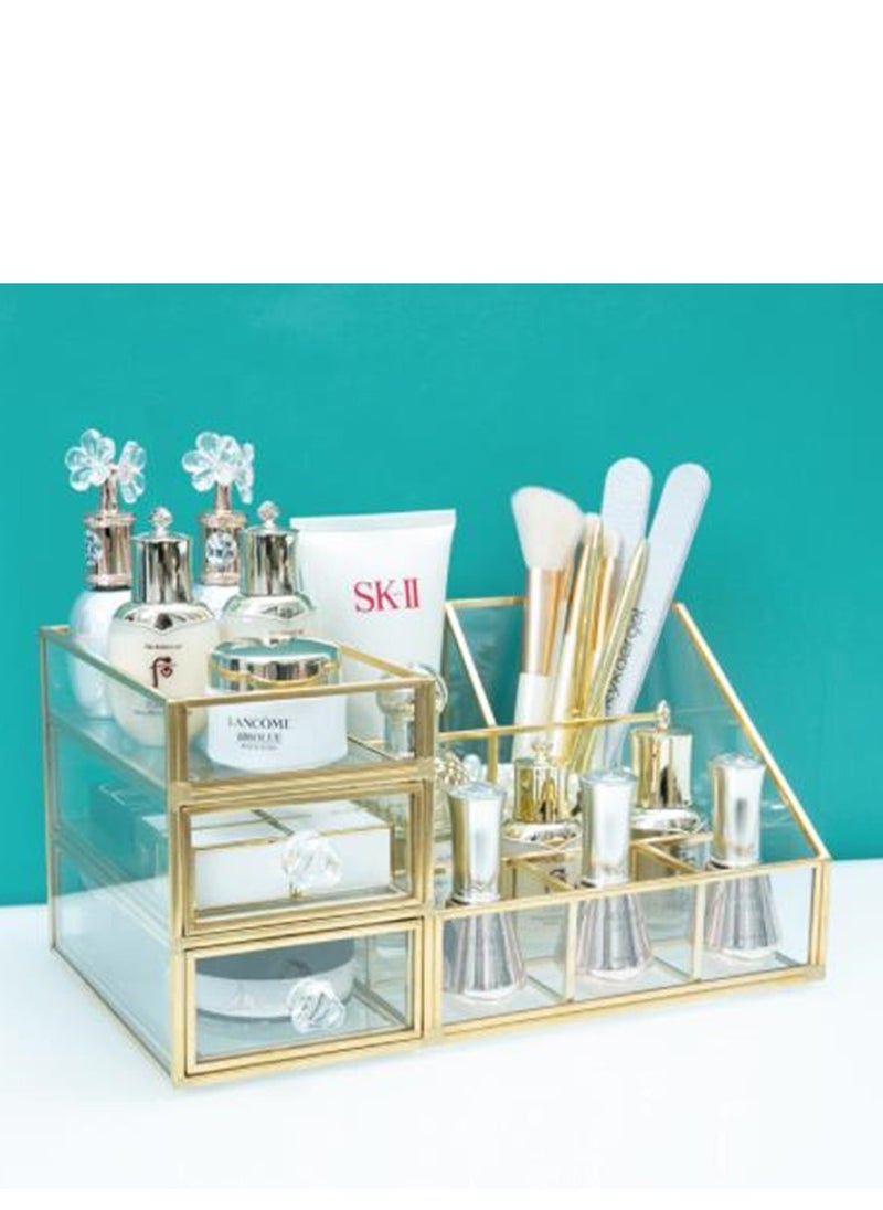 Golden Vintage Makeup Organizer,Stackable Cosmetic Storage Countertop Cosmetic Display Cases for Makeup Brushes Perfume Lipstick Nail Polish for Dresser Vanity Countertop (Cosmetic Cases with Drawer)  - Image 1