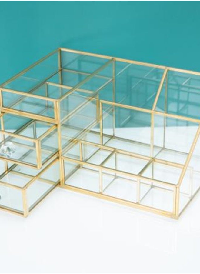 Golden Vintage Makeup Organizer,Stackable Cosmetic Storage Countertop Cosmetic Display Cases for Makeup Brushes Perfume Lipstick Nail Polish for Dresser Vanity Countertop (Cosmetic Cases with Drawer)  - Image 3