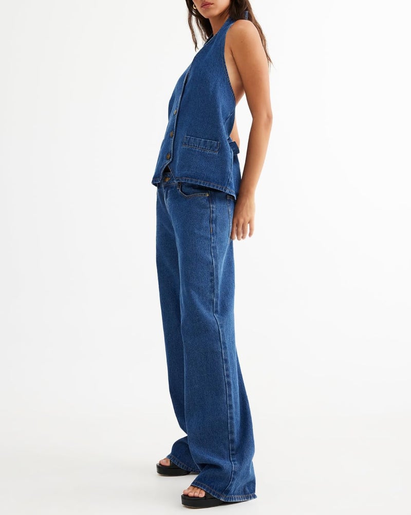 Fisoew Women's Two Piece Denim Set Button Down Backless Tank Top and Wide Leg Jeans 2 Piece Outfit Suits - Image 2