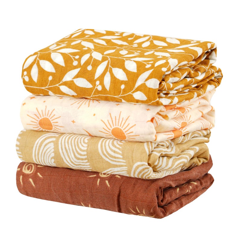 CoolaPeach 4 Set Muslin Swaddle Blankets for Newborn Baby Boys, Girls - Cute Soft Print Baby Towel Wrap 120x110cm - Yellow Floral - Image 1