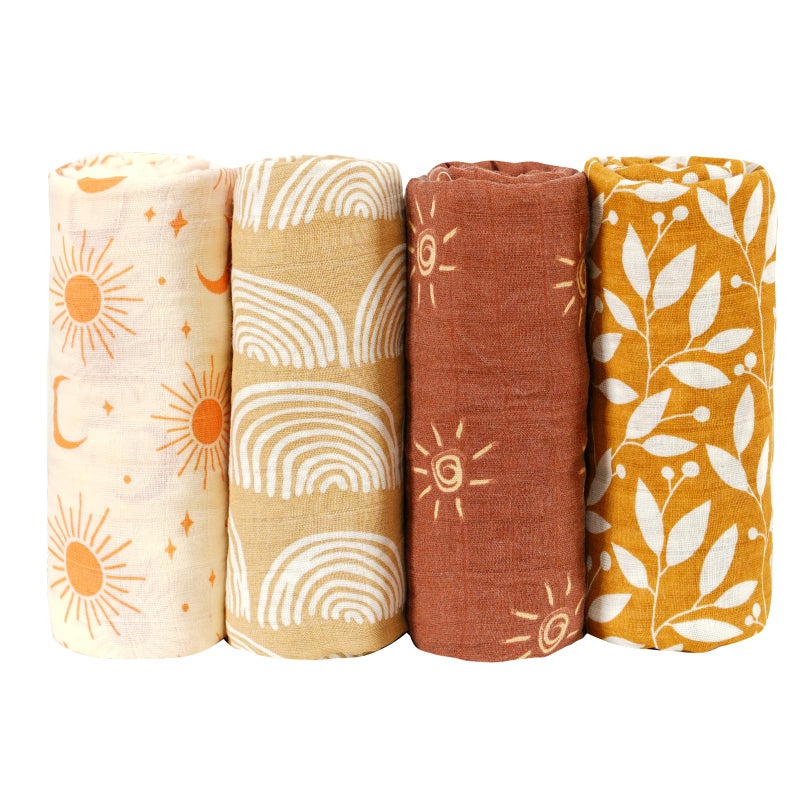 CoolaPeach 4 Set Muslin Swaddle Blankets for Newborn Baby Boys, Girls - Cute Soft Print Baby Towel Wrap 120x110cm - Yellow Floral - Image 2