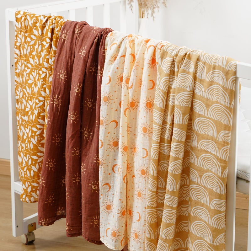 CoolaPeach 4 Set Muslin Swaddle Blankets for Newborn Baby Boys, Girls - Cute Soft Print Baby Towel Wrap 120x110cm - Yellow Floral - Image 3