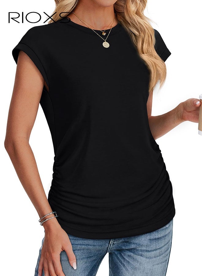 RIOXS Womens T Shirts, Trendy Ruched Cap Short Sleeve T-shirts, Crew Neck T Shirts For Women, Essential Style Solid T-shirts, Ladies Summer Tops, Fashion Streetwear Tee, Basic T-shirt For Women - Image 3