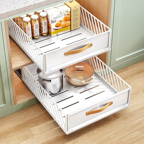 Kitstorack Pull out Cabinet OrganizerHeavy Duty Slide out Pantry Shelves Drawer Storage with Adhesive Nano FilmSliding Mesh Cabinet Basket with Handle for Kitchen Bathroom Home 138W X 21D X 62HWhite - Image 1