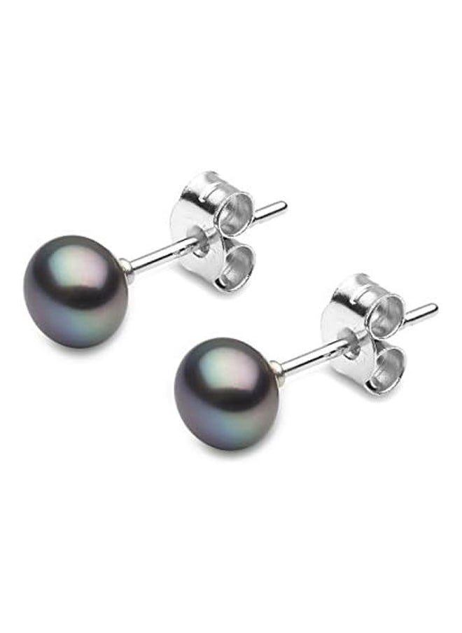 Generic Black Button Freshwater Pearl Stud Earrings in 925 Sterling Silver  - Image 2