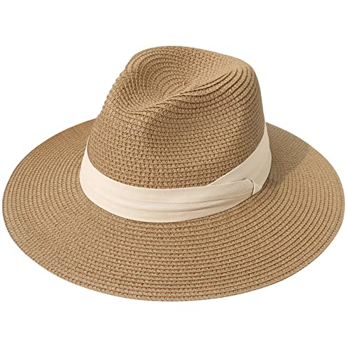 Lanzom Women Wide Brim Straw Panama Roll up Hat Fedora Beach Sun Hat UPF50+ (Z-Beige Ribbon Brown) - Image 1