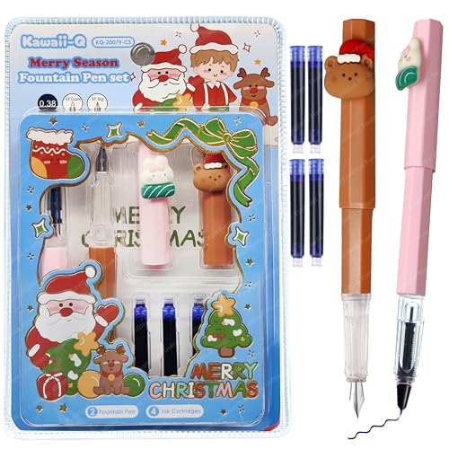 FunBlast Fountain Pen, Merry Christmas Fountain Pens Set, Medium Point Nib Fountain Pen, Pen for School, Office, Kawaii Stationery Set, Birthday Return Gift (2 Pen, 4 Refills-Blue Ink) (Pink-Brown) - Image 1