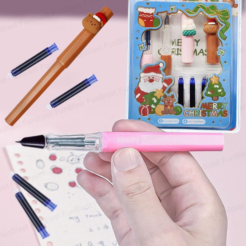 FunBlast Fountain Pen, Merry Christmas Fountain Pens Set, Medium Point Nib Fountain Pen, Pen for School, Office, Kawaii Stationery Set, Birthday Return Gift (2 Pen, 4 Refills-Blue Ink) (Pink-Brown) - Image 4