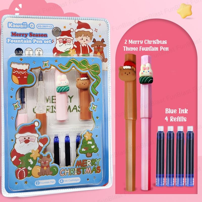FunBlast Fountain Pen, Merry Christmas Fountain Pens Set, Medium Point Nib Fountain Pen, Pen for School, Office, Kawaii Stationery Set, Birthday Return Gift (2 Pen, 4 Refills-Blue Ink) (Pink-Brown) - Image 3