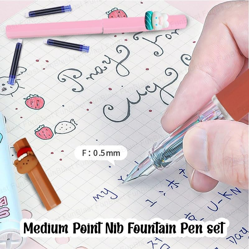 FunBlast Fountain Pen, Merry Christmas Fountain Pens Set, Medium Point Nib Fountain Pen, Pen for School, Office, Kawaii Stationery Set, Birthday Return Gift (2 Pen, 4 Refills-Blue Ink) (Pink-Brown) - Image 5