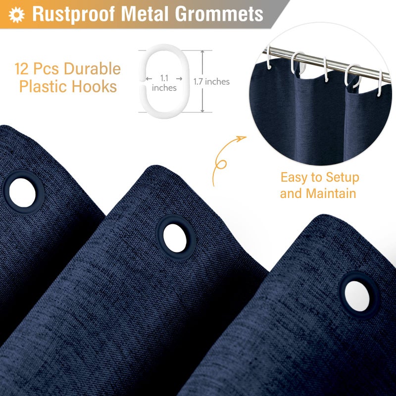 BTTN Navy Blue Shower Curtain - Linen Textured Heavy Duty Waterproof Cloth Shower Curtain Set with 12 Plastic Hooks, Hotel Spa Luxury Simple Decorative Thick Fabric Shower Curtain for Bathroom, 72x72 - Image 3