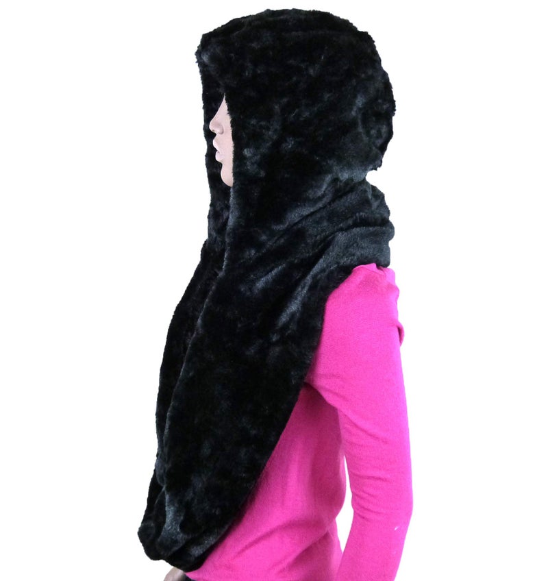 Fashion 21 Women's Thick & Soft Faux Fur Infinity Hood Scarf Head Scarf Shawl Wrap (Hooded - Black) - Image 2