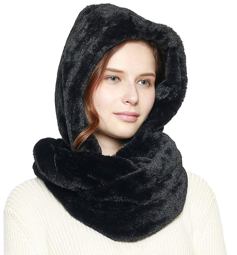 Fashion 21 Women's Thick & Soft Faux Fur Infinity Hood Scarf Head Scarf Shawl Wrap (Hooded - Black) - Image 1