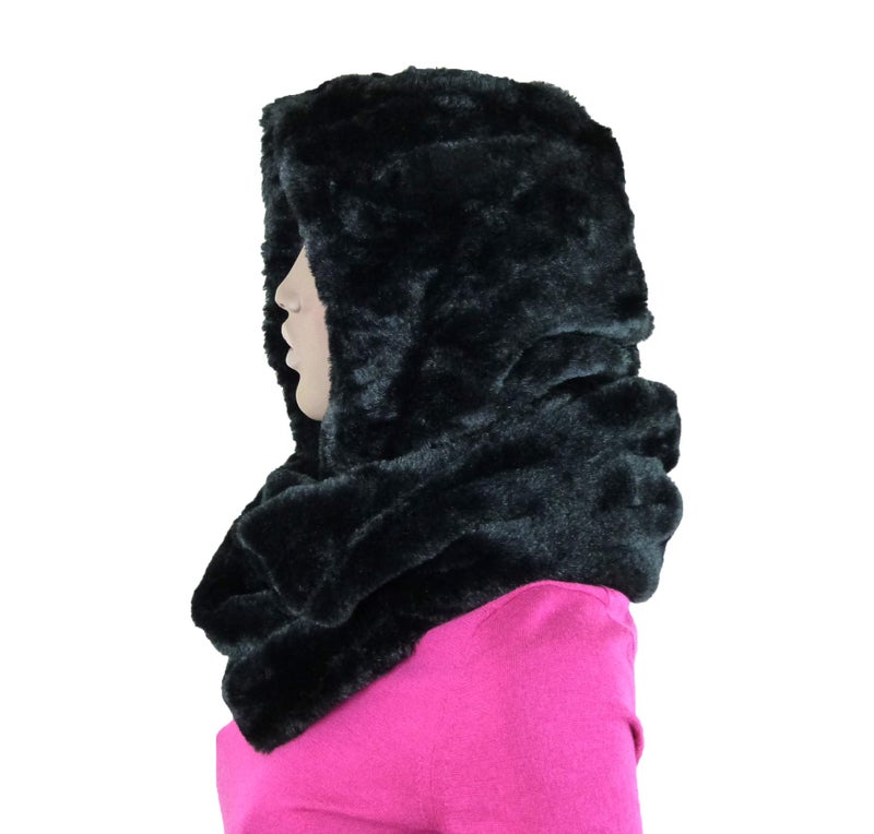 Fashion 21 Women's Thick & Soft Faux Fur Infinity Hood Scarf Head Scarf Shawl Wrap (Hooded - Black) - Image 4