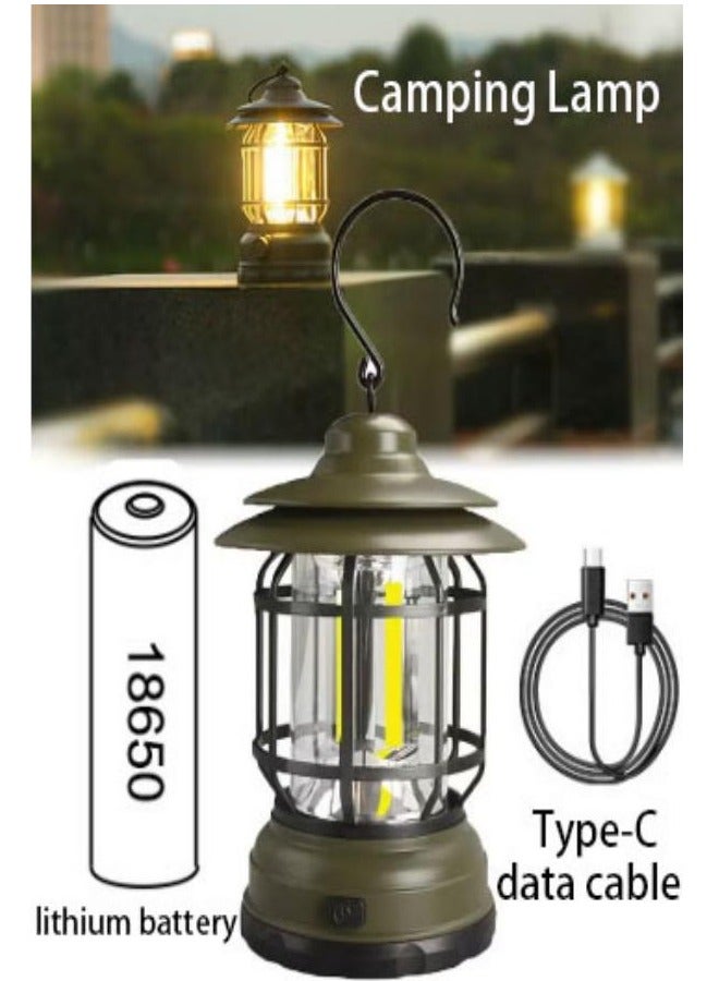 Camping Lamp Rechargeable Portable Camping Light Battery Powered Retro Camping Light Waterproof Hanging Led Tent Lights Outdoor Hiking Garden Fishing Green - Image 1