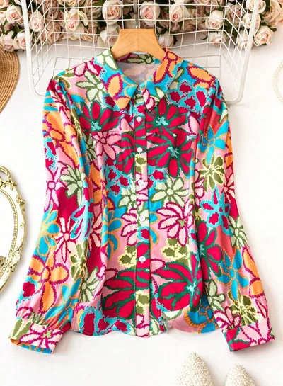 تايك تو قميص بأكمام طويلة ومطبع بالزهور