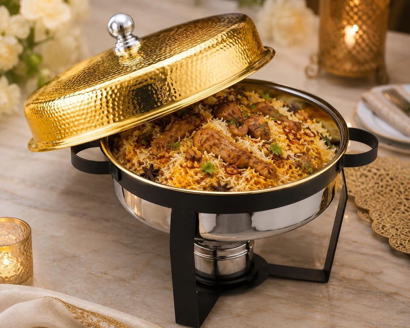 Servewell VN527WGH Round Chafing Dish with Gold Hammer Finish - 3L - Image 2