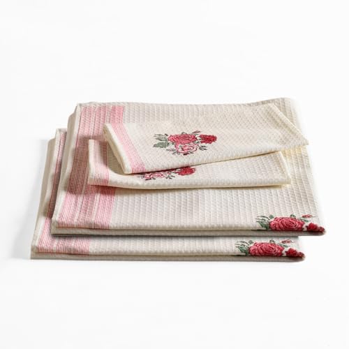 Peepul Tree Block Printed Hand and Bath Towels, Super Absorbent|100% Pure Cotton|(2 Hand 2 Bath Towel Set, Off-White & Pink Roses) Home Decor Gift Items|Festival Gift - Image 1