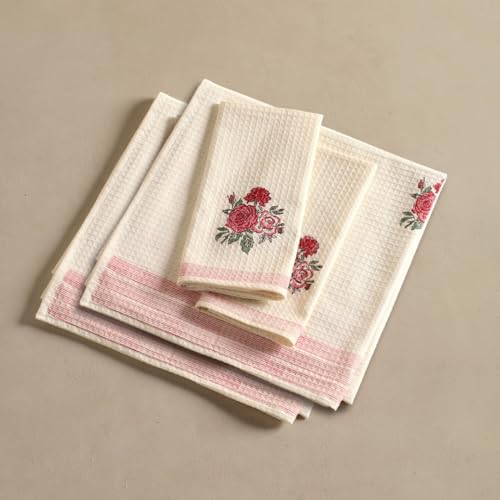 Peepul Tree Block Printed Hand and Bath Towels, Super Absorbent|100% Pure Cotton|(2 Hand 2 Bath Towel Set, Off-White & Pink Roses) Home Decor Gift Items|Festival Gift - Image 3