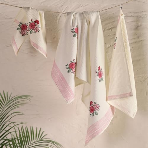 Peepul Tree Block Printed Hand and Bath Towels, Super Absorbent|100% Pure Cotton|(2 Hand 2 Bath Towel Set, Off-White & Pink Roses) Home Decor Gift Items|Festival Gift - Image 4