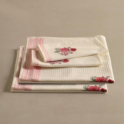 Peepul Tree Block Printed Hand and Bath Towels, Super Absorbent|100% Pure Cotton|(2 Hand 2 Bath Towel Set, Off-White & Pink Roses) Home Decor Gift Items|Festival Gift - Image 2