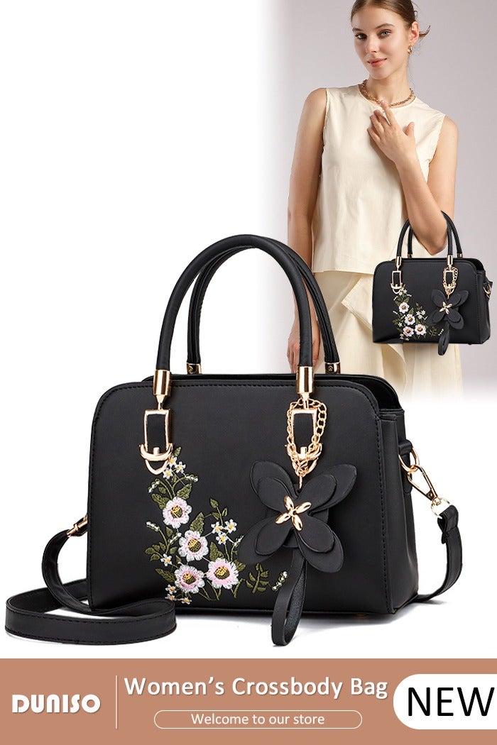 DUNISO Women's Embroidery Tote Bag Handbags with Large Capacity Faux Leather Shoulder Bag Ladies Fashion Designer Satchel Crossbody Bag with Detachable Strap for Ladies - Image 1