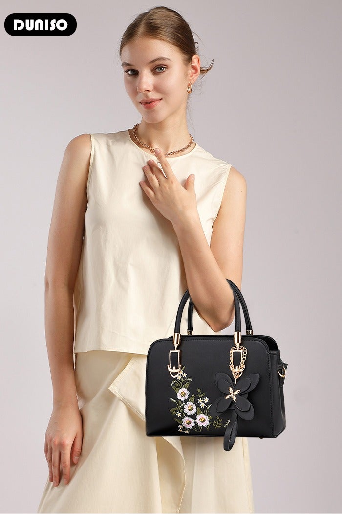 DUNISO Women's Embroidery Tote Bag Handbags with Large Capacity Faux Leather Shoulder Bag Ladies Fashion Designer Satchel Crossbody Bag with Detachable Strap for Ladies - Image 5