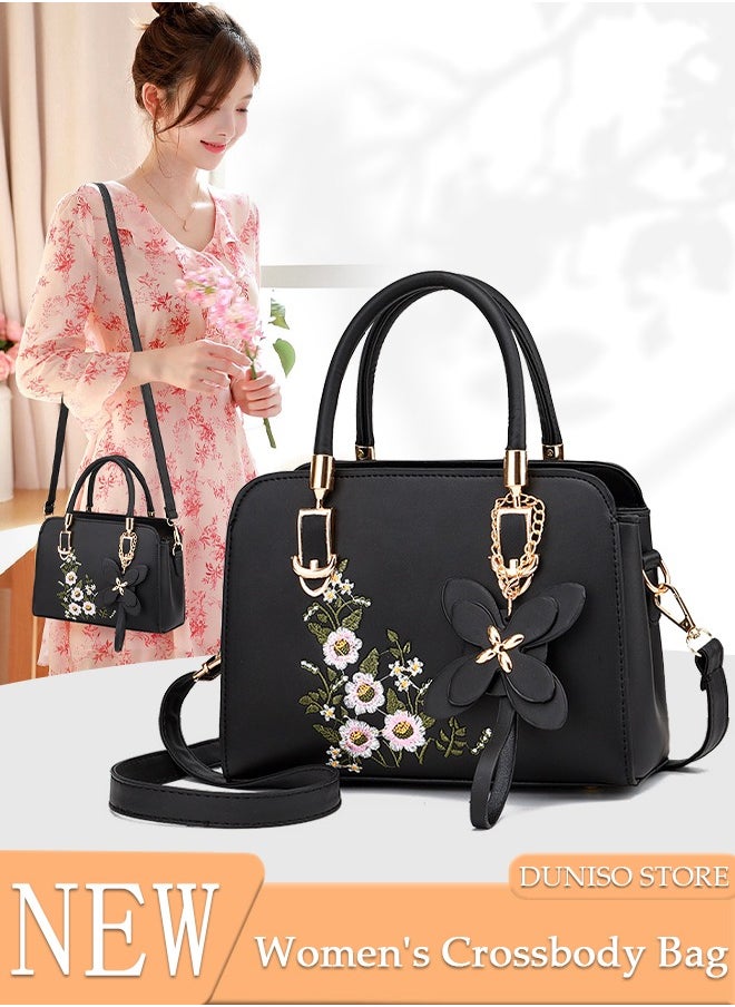 DUNISO - Women's Embroidery Tote Bag Handbags with Large Capacity Faux Leather Shoulder Bag Ladies Fashion Designer Satchel Crossbody Bag with Detachable Strap for Ladies - Image 1