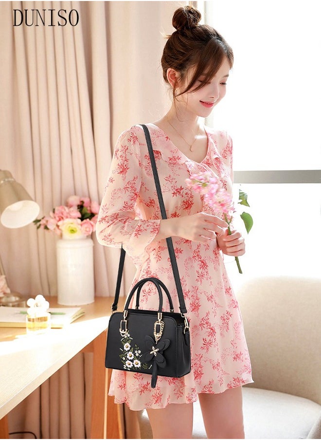 DUNISO - Women's Embroidery Tote Bag Handbags with Large Capacity Faux Leather Shoulder Bag Ladies Fashion Designer Satchel Crossbody Bag with Detachable Strap for Ladies - Image 1