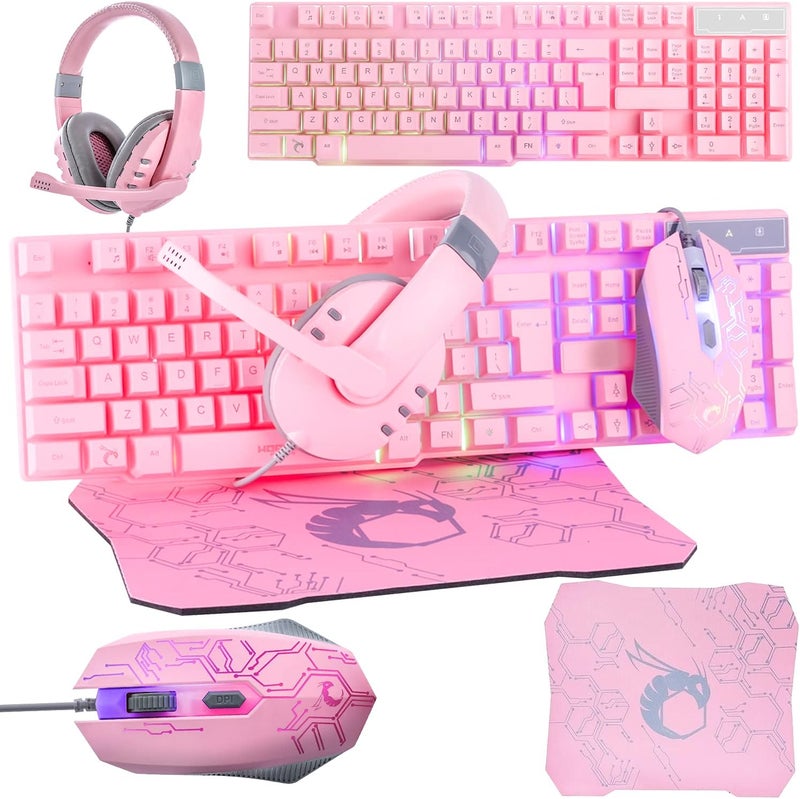 Orzly Pink Gaming keyboard and mouse headset headphones and mouse pad, wired LED RGB Backlight Bundle Pink PC accessories for gamers and Xbox and PS4 PS5 Nintendo switch Users - 4in1 edition Hornet RX-250 - Image 1