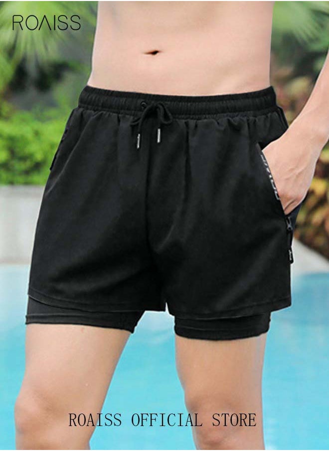 roaiss Men's Swimming Trunks Beachwear Quick Dry Gym Wear Beach Pants Fitness Shorts Fitness Workout Short Sports Running Shorts with Inner Compression Solid Black  - Image 5