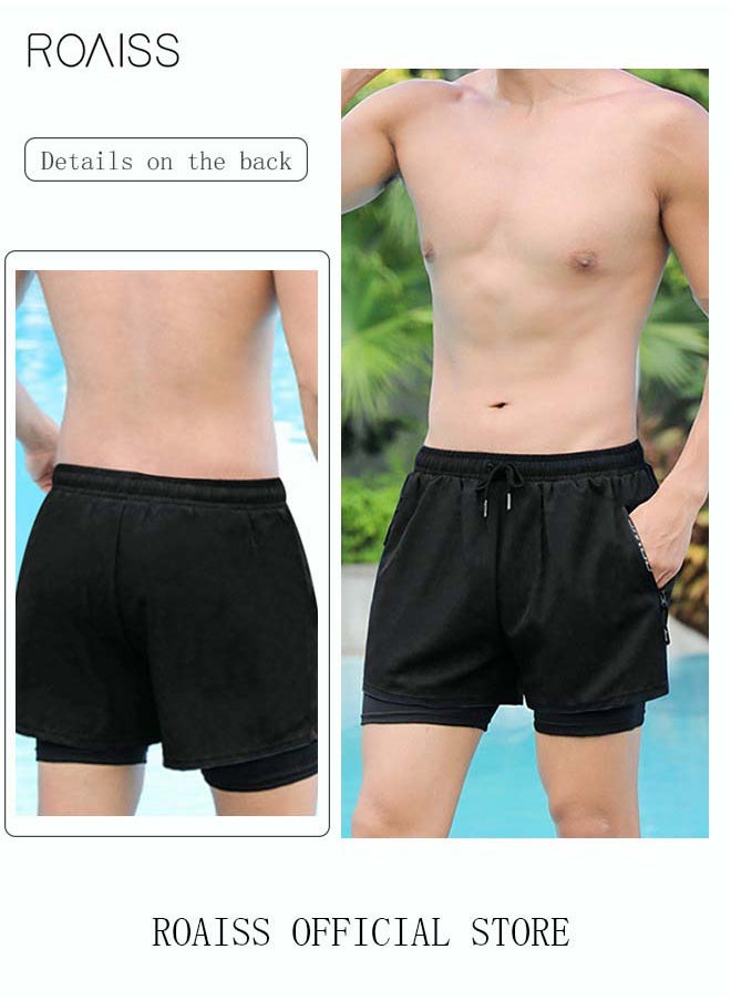 roaiss Men's Swimming Trunks Beachwear Quick Dry Gym Wear Beach Pants Fitness Shorts Fitness Workout Short Sports Running Shorts with Inner Compression Solid Black  - Image 2