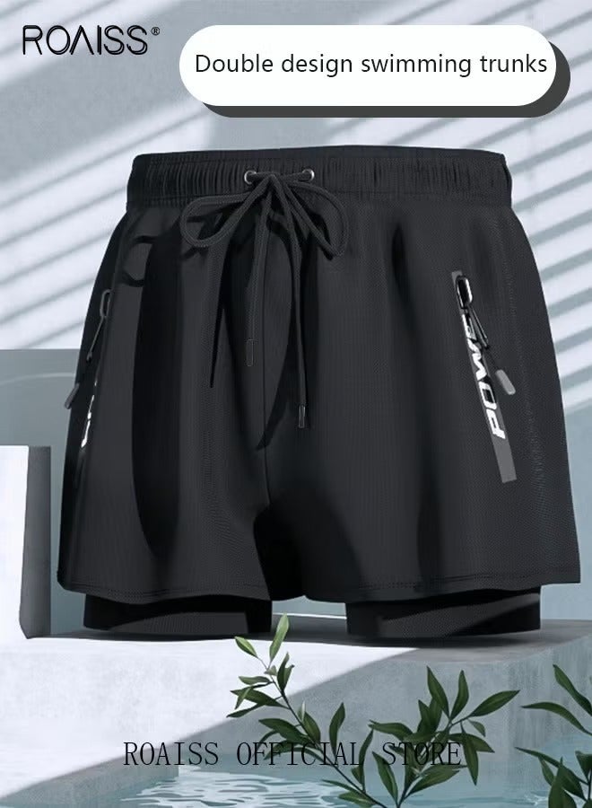 رويس رجالي سروال سباحة ملابس بحر سريع جاف ملابس الجمنازيوم سراويل الشاطئ شورتات اللياقة البدنية تمرين اللياقة البدنية قصير رياضات ركض شورت مع ضغط داخلي سادة أسود - Image 1