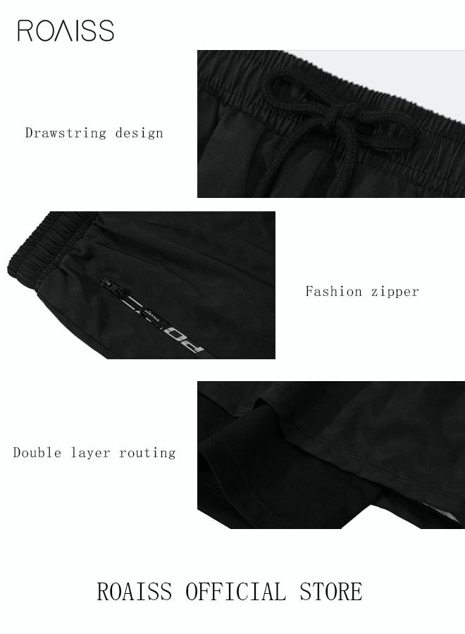 Men's Swimming Trunks Beachwear Quick Dry Gym Wear Beach Pants Fitness Shorts Fitness Workout Short Sports Running Shorts with Inner Compression Solid Black