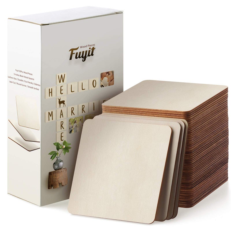 Fuyit Unfinished Wood Pieces 50Pcs 5 x 5 Inch Blank Natural Wood Square Wooden Cutouts Board for DIY Crafts Painting Scrabble Tiles Coasters Decoration
