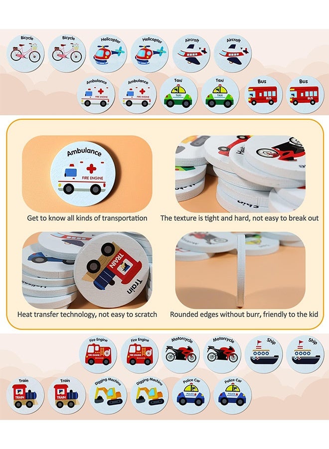 Peachjoy Wooden Match Memory Game for Kids - 24 Pc Vehicle Matching Cards Educational Memory Game for Pre-Kindergarten Early Learning Development - Safe Wooden Learning Toys for Boys and Girls - Image 3