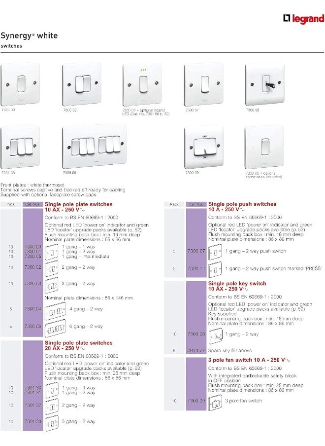 Legrand - Legrand 730024 Two Gang 1 Way Single Pole Light Switch Synergy White 10 Ax - 250 V, Conform To Bs En 60669-1 With Asta Licence - Image 1