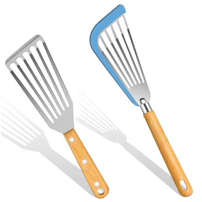 FISH SPATULA SET FOR NONSTICK COOKWARE FLEXIBLE METAL FISH SPATULA STAINLESS STEEL SMALL FISH SLOTTED SPATULA TURNER WITH WOOD HANDLE