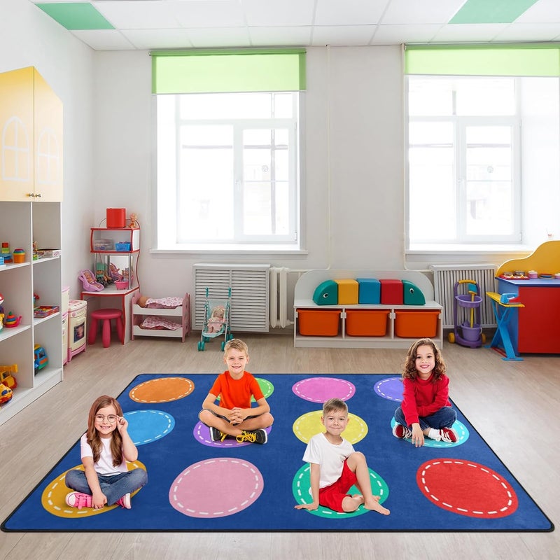Engree Classroom Carpets Playmat Rugs - 5x7 Ft Kids Rug with Rubber Backing, Colorful Circle on Blue Background Classroom Seating Rug Play Mat Nursery Rugs for Preschool Elementary Playroom -12 Seating - Image 4