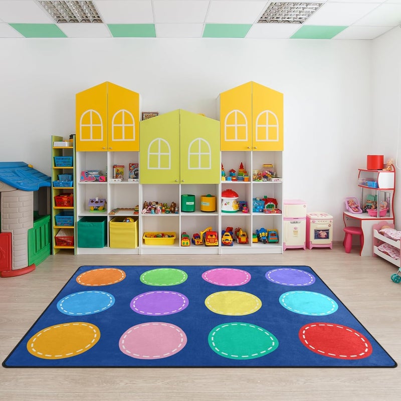 Engree Classroom Carpets Playmat Rugs - 5x7 Ft Kids Rug with Rubber Backing, Colorful Circle on Blue Background Classroom Seating Rug Play Mat Nursery Rugs for Preschool Elementary Playroom -12 Seating - Image 1