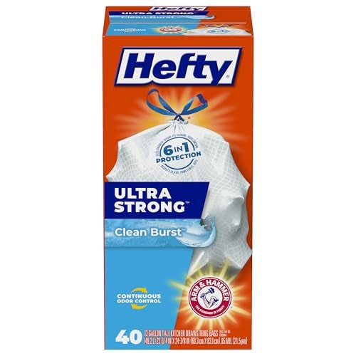 Hefty Ultra Strong 13 Gallon Trash Bags, Tall Kitchen Trash Bags 13 Gallon Size, Drawstring Closure, Continuous Odor Control, White, Clean Burst Scent, 40 Bags - Image 1