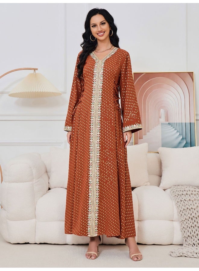 Madam Uniq Light Brown Long Sleeve V-Neck Muslim Robe Maxi Dress  - Image 1