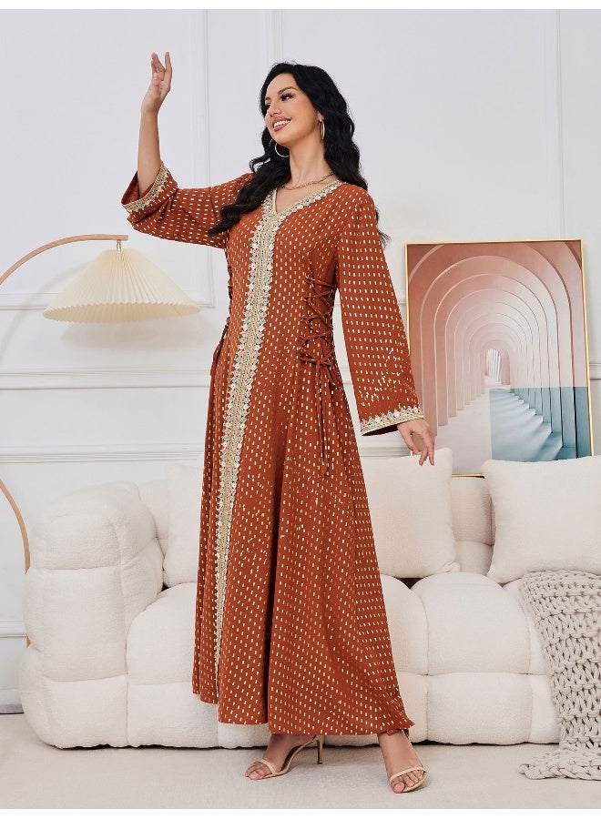Madam Uniq Light Brown Long Sleeve V-Neck Muslim Robe Maxi Dress  - Image 4