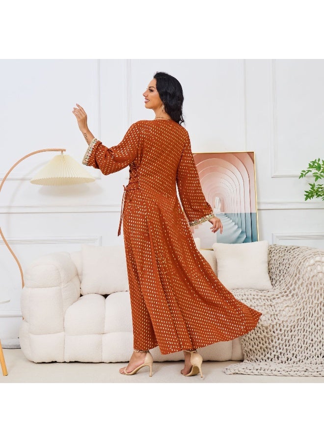 Madam Uniq Light Brown Long Sleeve V-Neck Muslim Robe Maxi Dress  - Image 2