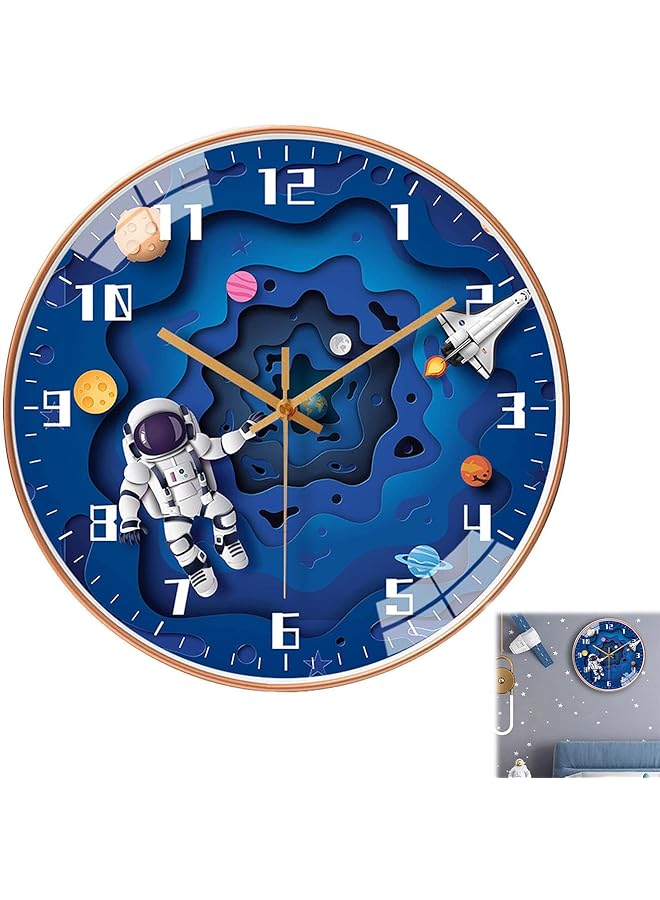 The Bros Kids Wall Clock, 30cm Children Round Wall Clock Battery Operated, Silent Non Ticking Wall Clock with Cartoon Astronaut Pattern, Space Travel Style Wall Clock for Bedroom Living Room Decor - Image 1