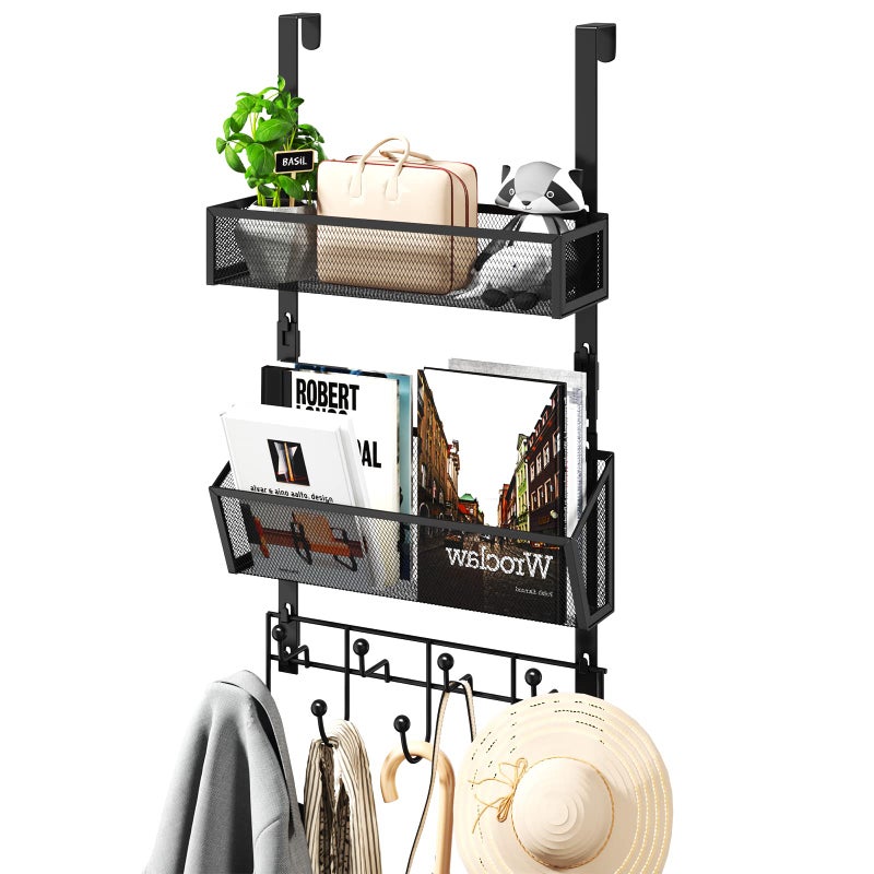 HapiRm Over The Door Hooks with 9 Hooks and 2 Baskets, Rustproof & Waterproof 304 Stainless Steel Door Hanger, Storage Organizer for Bathroom, Kitchen, Bedroom-Black (for 1.57in Doors) - Image 1