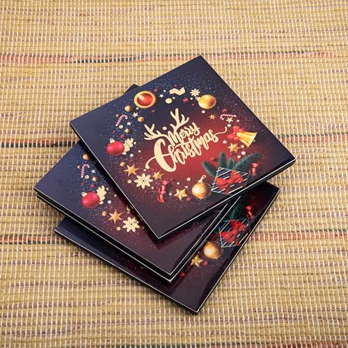 GIBOX Tea & Wine Table Coaster for Home & Kitchen Dining Table Gold Plated Enamel Glossy Finish Marry Christmas Wooden (Set of 4) Office, Bar Table with Absorbent & Anti Slip Hot & Cold Drinks - Image 4