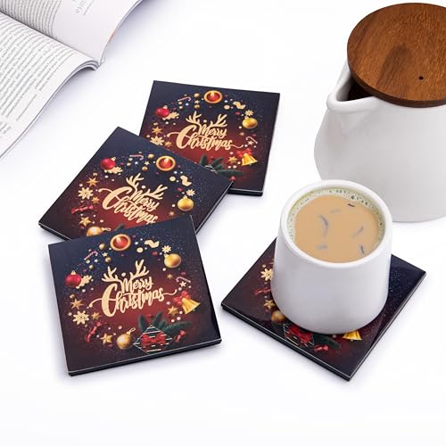 GIBOX Tea & Wine Table Coaster for Home & Kitchen Dining Table Gold Plated Enamel Glossy Finish Marry Christmas Wooden (Set of 4) Office, Bar Table with Absorbent & Anti Slip Hot & Cold Drinks - Image 1