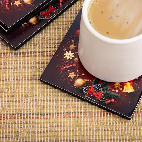 GIBOX Tea & Wine Table Coaster for Home & Kitchen Dining Table Gold Plated Enamel Glossy Finish Marry Christmas Wooden (Set of 4) Office, Bar Table with Absorbent & Anti Slip Hot & Cold Drinks - Image 3
