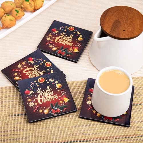 GIBOX Tea & Wine Table Coaster for Home & Kitchen Dining Table Gold Plated Enamel Glossy Finish Marry Christmas Wooden (Set of 4) Office, Bar Table with Absorbent & Anti Slip Hot & Cold Drinks - Image 2